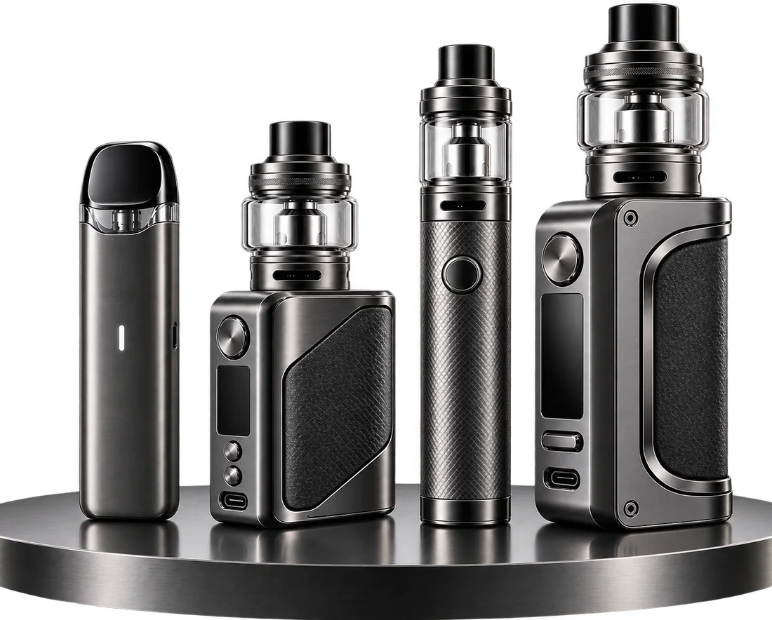 Gunmetal E-Zigaretten und Verdampfer in verschiedenen Bauformen