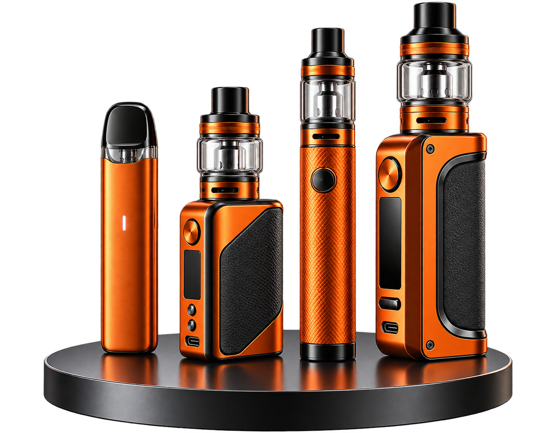 Orange E-Zigaretten und Verdampfer in verschiedenen Bauformen