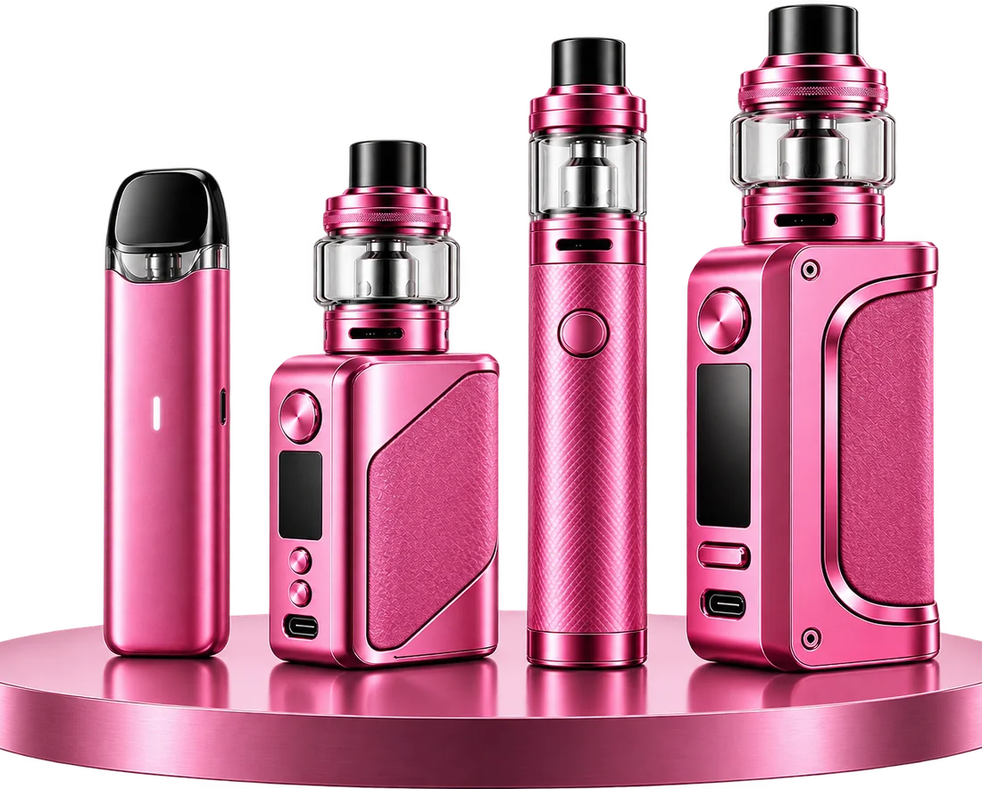 Pinke E-Zigaretten und Verdampfer in verschiedenen Bauformen